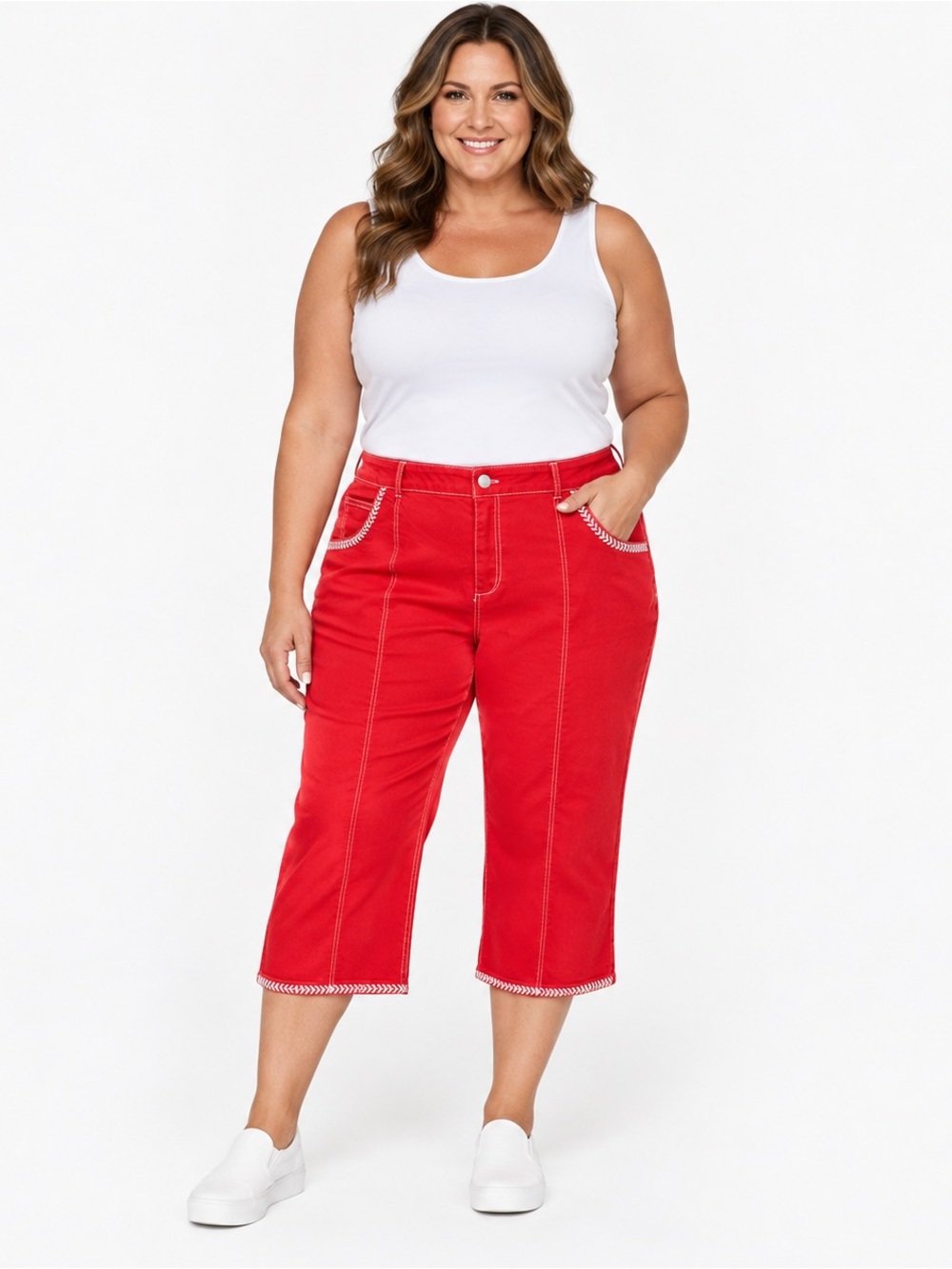 Flamingals Red Capri Jeans Women’s 4XL White Stitch Detail NWT